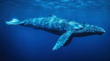Naklejka premium A blue whale swimming through the deep ocean, its massive body moving gracefully through the water as it sings to communicate