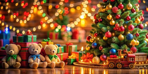 Naklejka premium A festive Christmas scene with a beautifully decorated tree, twinkling lights, and presents surrounded by cuddly teddy bears.
