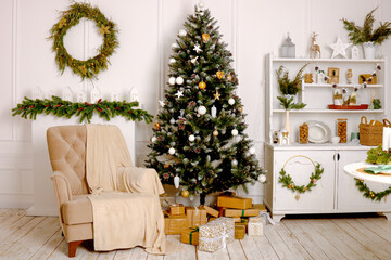 room decorated with Christmas decor with a Christmas tree, photo zone