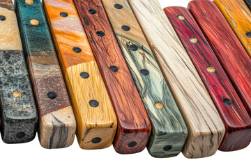 Colorful wooden dice arranged in a row, showcasing unique patterns and designs