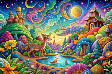 Fototapeta premium Surreal Coloring Book Clipart: Whimsical, Dreamlike Illustrations Filled with Fantasy Elements and Vivid Colors for Creative Projects and Artistic Expressions