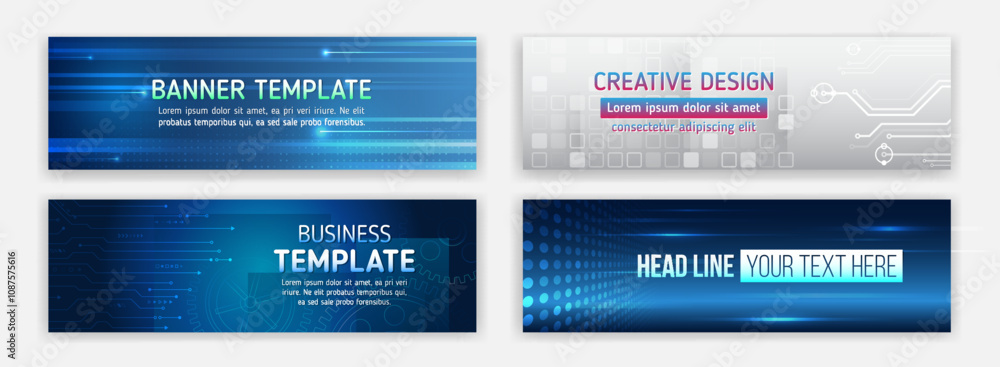 Aufkleber High-tech horizontal banner template. Modern banner design with technology element. Data protection, internet communication, science, big data, cover design set. Sci-fi vector sample concept.
