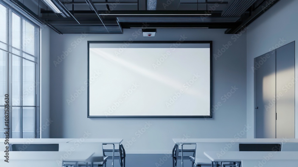 Poster empty conference room with a large blank whiteboard, two rows of tables with chairs, and a window.