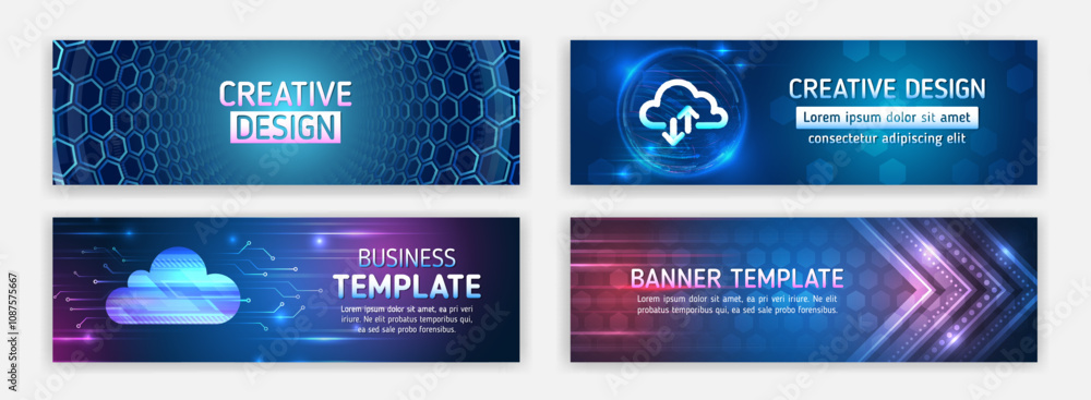 Poster Modern banner design with technology element. Data protection, internet communication, science, big data, cloud hosting. Sci-fi vector sample concept. High-tech horizontal banner template.