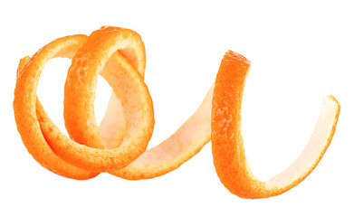 Spiral form of fresh orange peel isolated on a white background. Orange zest.