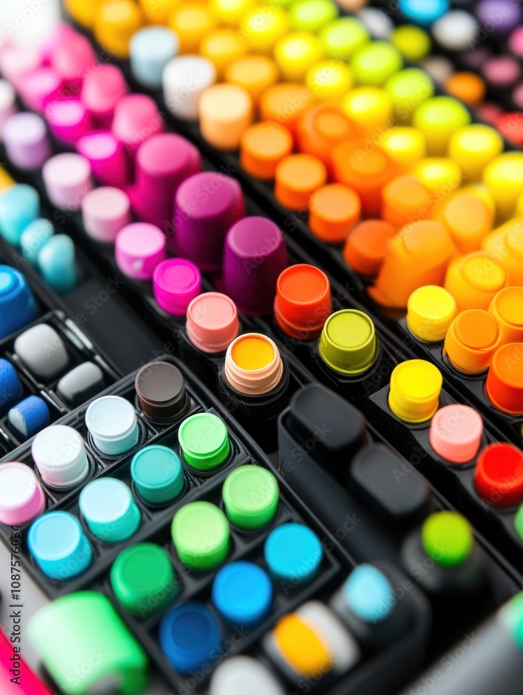 Aufkleber a vibrant assortment of paint containers arranged in a colorful display for artistic use.