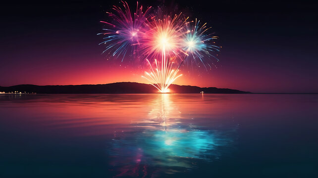 Spectacular Fireworks Over Beach with Reflections on Water.