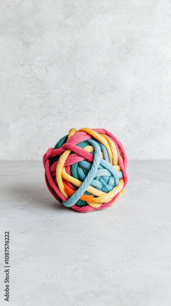Poster a colorful ball made of intertwined fabric strands resting on a smooth surface.