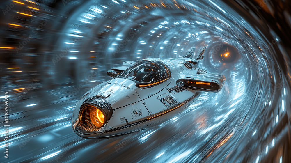Poster a futuristic spaceship traveling through a glowing wormhole, showcasing advanced technology and inte
