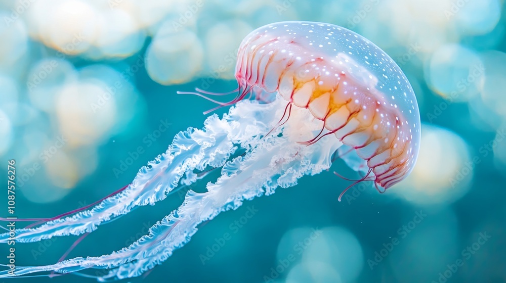 Poster Graceful Jellyfish Swimming in Clear Blue Waters with Soft Bokeh Background Creating a Serene and Captivating Underwater Scene