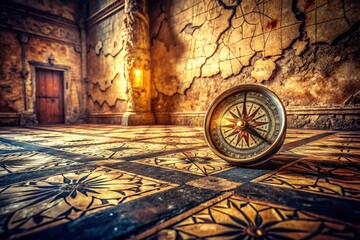 Fototapeta premium Surreal Compass Design on an Old Wall Floor, Inviting Exploration and Adventure Through Time in a Dreamlike Setting with Unique Textures and Colors