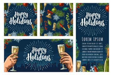 Seamless pattern and posters with Happy Holidays lettering. Champagne glass, bottle, serpentine, snowflake, pine cone, toy, fir branch. Vector vintage engraving on dark blue fond