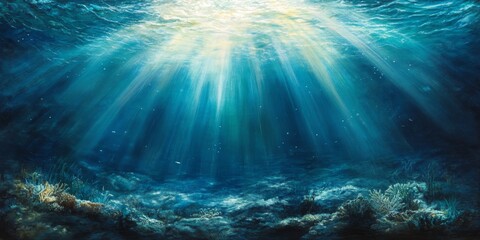 Fototapeta premium Sunbeams filter through the water surface, illuminating the seabed beneath. These radiant sunbeams create a stunning interplay of light throughout the underwater landscape.