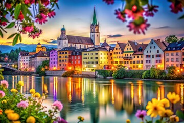 Obraz premium Historic Wasserburg am Inn Buildings, Bokeh Effect, August 2024