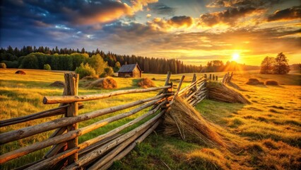 Fototapeta premium A rustic wooden fence stretches across a golden field bathed in the warm glow of a setting sun, casting long shadows and illuminating the surrounding forest.