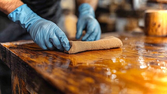 Gloved hands gently polishing a wooden surface in a warm workshop during the afternoon
