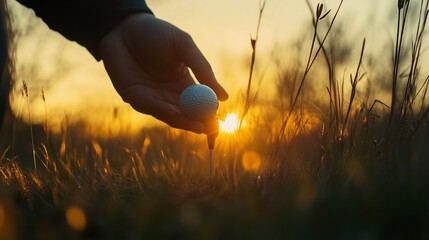 Golfer s Hand Placing Golf Ball on Tee During Captivating Evening Sunset