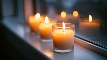 Candles on a windowsill burning against a dark night, their soft light casting shadows on the glass.