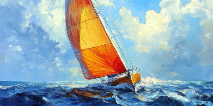 Sailing boat features a vibrant spinnaker sail gracefully navigating the open sea, capturing the essence of sailing and the thrill of adventure on the water with a stunning spinnaker display.