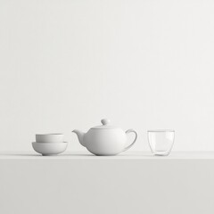 Fototapeta premium A minimalist arrangement of a teapot, bowls, and a glass on a simple surface.