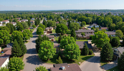 Fototapeta premium Aerial View of a Suburban Neighborhood with Tree-Lined Streets.