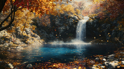 A secluded waterfall hidden in an autumn forest, with golden and red leaves surrounding the clear blue water, creating a peaceful autumn retreat