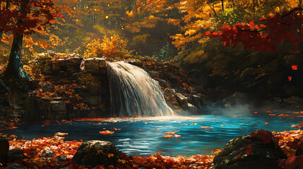 A secluded waterfall hidden in an autumn forest, with golden and red leaves surrounding the clear blue water, creating a peaceful autumn retreat