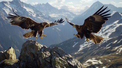 Fototapeta premium Majestic Golden Eagles Soaring Above Rugged Mountain Peaks in Stunning Landscape at Sunrise, Showcasing Nature's Beauty and Wildlife in Action