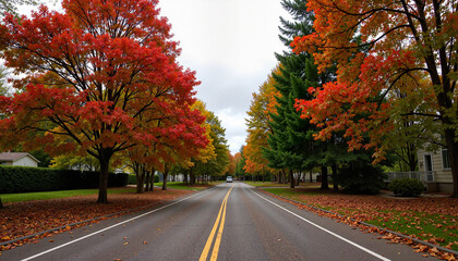 Obraz premium Suburban Street Lined with Colorful Autumn Trees.