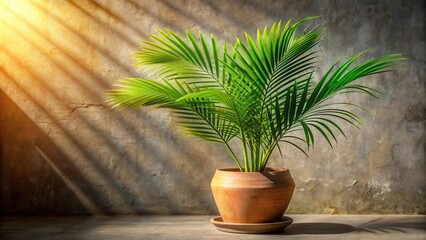 Fototapeta premium A potted palm tree basking in the warm sunlight streaming through a window, casting long shadows on the rough textured wall.
