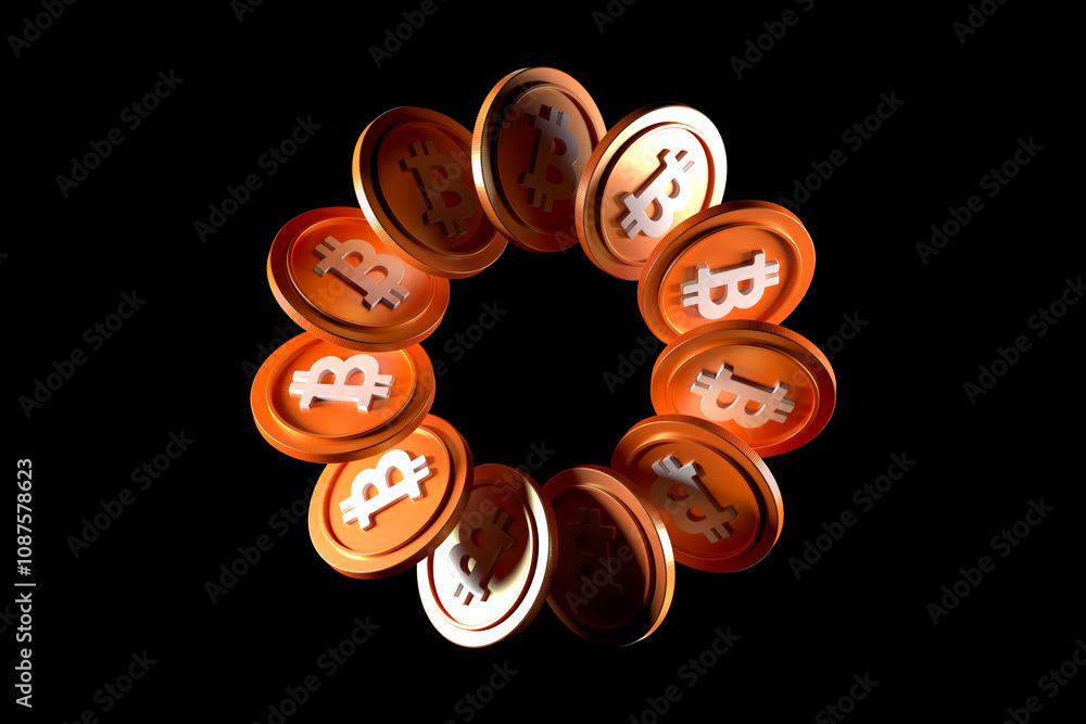 Poster bitcoin coins in rotation forming a circular trajectory. sector lighting effect in dark environment.