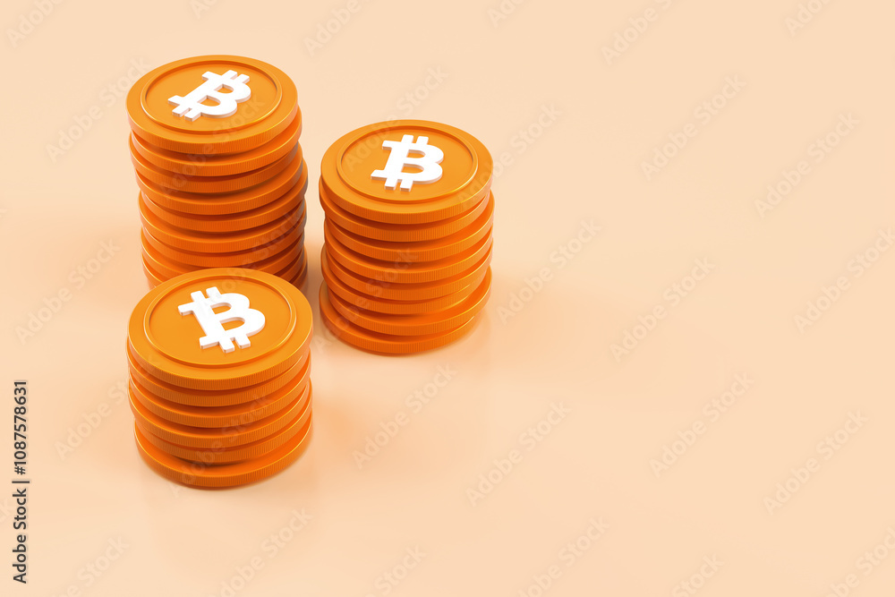 Poster bitcoin isolated coin stacks in orange with white logo on soft background. embossed and grooved coin