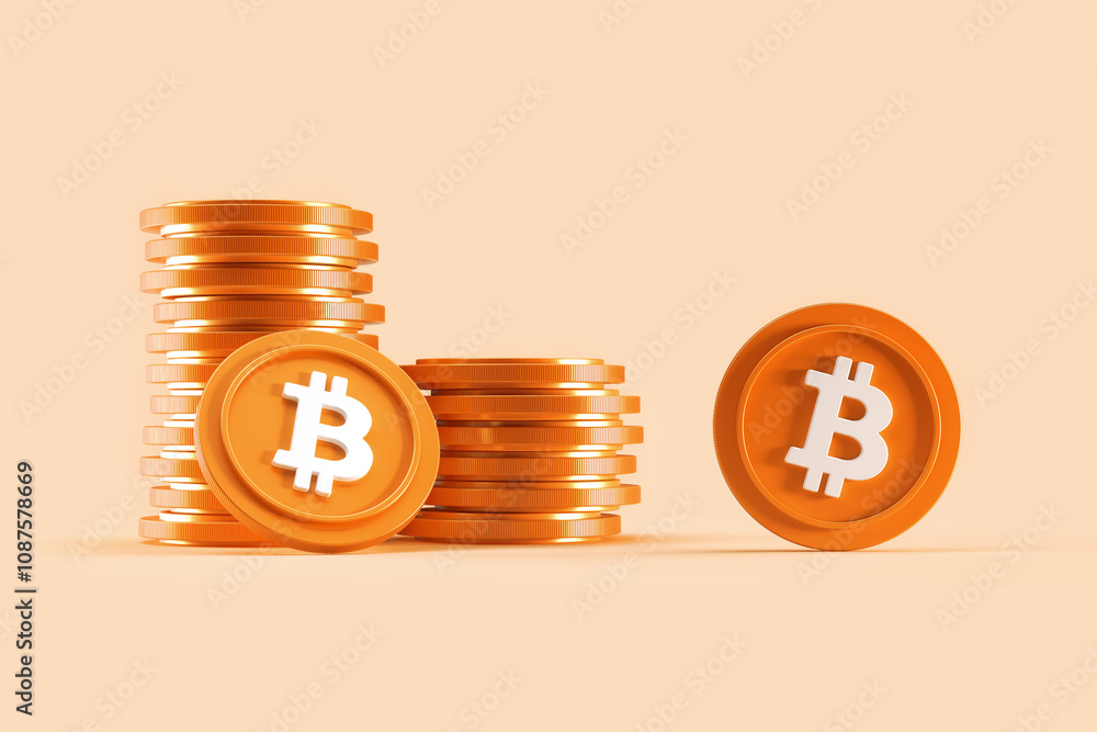 Poster bitcoin btc isolated cryptocurrency coin stacks on soft orange background. design suitable for illus