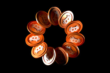 Bitcoin coins in rotation forming a circular trajectory. Sector lighting effect in dark environment. High quality 3D rendering.