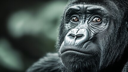 Obraz premium Intense Close-Up of a Gorilla's Face Capturing Deep Expression and Enigmatic Eyes in a Natural Green Environment