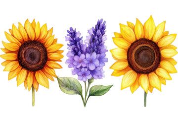 Obraz premium Vibrant watercolor flowers, featuring sunflowers and purple blooms