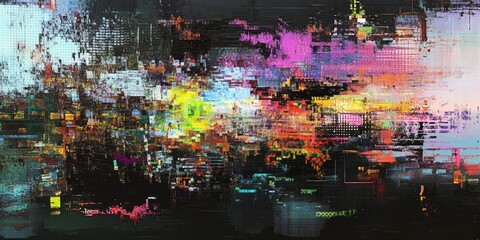 Abstract art showcasing the effects of technology and noise, featuring pixel distortion and computer errors. This modern display captures the essence of broadcasting and electronic signal damage.