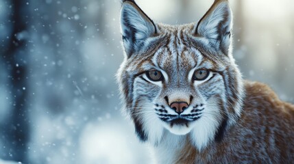 Obraz premium Stunning Close-Up of a Lynx in a Snowy Forest Capturing the Essence of Wildlife with its Intense Gaze and Beautiful Fur Pattern, Perfect for Nature Lovers