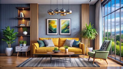 Elegant Living Room Mockup with Vertical Frame on Couch and Stylish Furniture for Home Interior Design