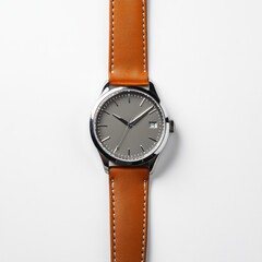 A stylish watch with a gray face and brown leather strap, showcasing elegance and functionality.