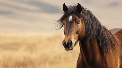 Fototapeta premium Majestic Brown Horse Stands Gracefully in Golden Field Against Softly Blurred Background, Capturing Beauty of Nature and Spirit of Equine Life