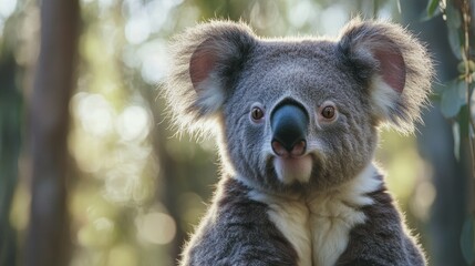 Fototapeta premium Close-Up of a Curious Koala Sitting on a Tree Branch Surrounded by Lush Greenery in Australia, Perfect for Wildlife and Nature Photography Projects