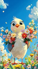 Adorable bird with big eyes flying, Joyful Pigeon with Big Eyes and Flowers