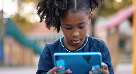 Children Online. Young African American Kid Using Digital Tablet for Communication and Connection