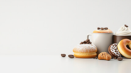 Delicious Selection of Pastries and Coffee on a White Background Featuring a Cup of Coffee, Donuts, and Assorted Sweets Ideal for Breakfast or Dessert Themes