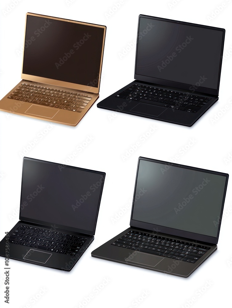 Poster four laptops in different colors displayed with blank screens.