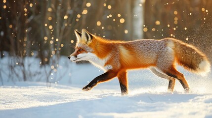 Obraz premium Graceful red fox gracefully moving through a snowy landscape, showcasing its vibrant orange fur against a sparkling winter backdrop filled with soft sunlight and snowflakes.