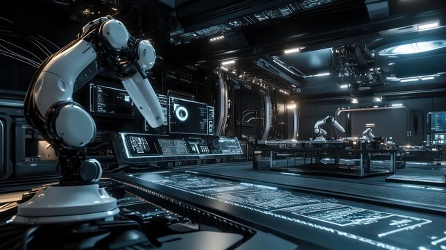 3D-rendered robotics lab, where users can explore various robotic prototypes, testing their functions and movements in a high-tech virtual environment