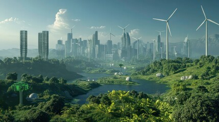 Fototapeta premium 3D render of landscape , windmill city green energy , green city