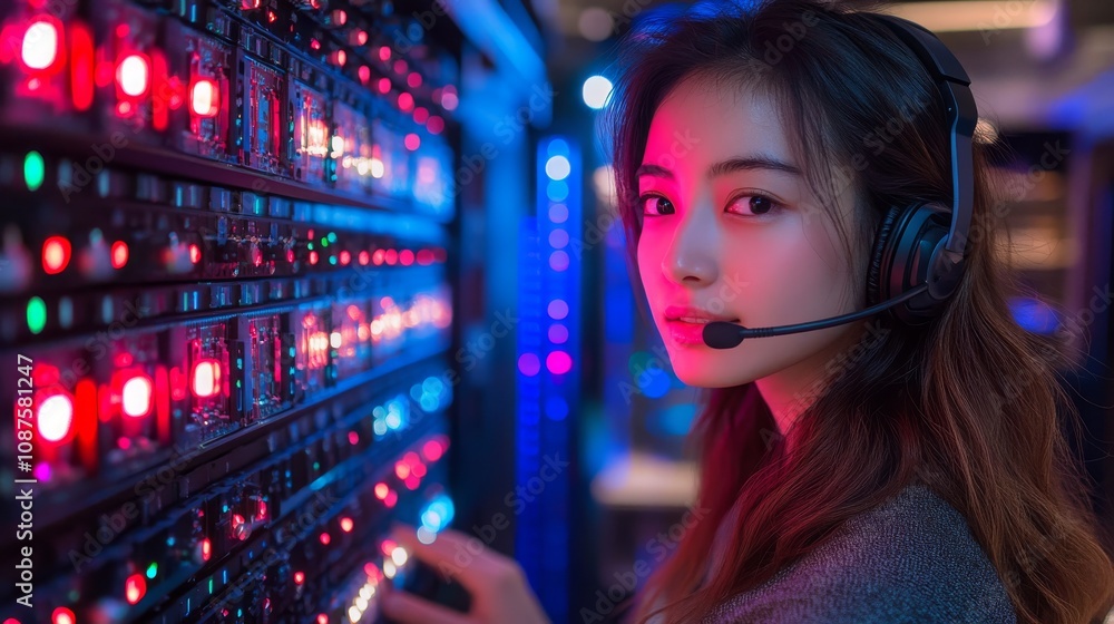Poster a woman adjusts server settings in a data center while monitoring network performance